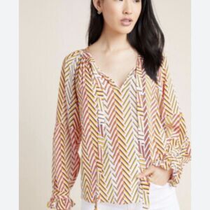 Anthropologie Marie Oliver Silk Chevron print tie neck Peasant Blouse Sz S